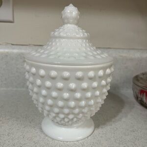 Milk glass 
Fenton 7 1/2" Vintage White Hobnail Sweetmeat / Jar
